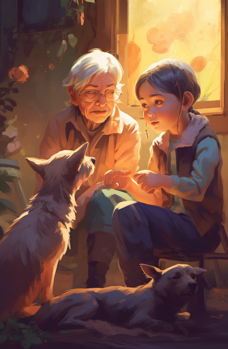 奶奶孩子配宠物玩耍背景插画,插画/手绘图,插画/手绘图库,插画/手绘图下载,插画/手绘